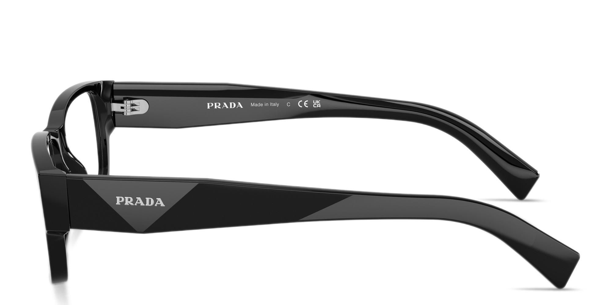 Shop PRADA Logo Lettering Wide Rectangle Eyeglasses in Black online.