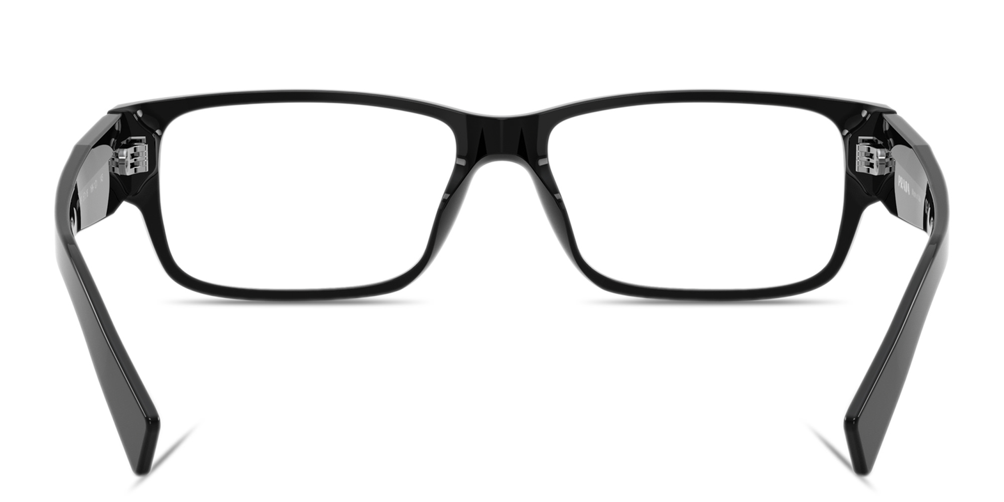 Shop PRADA Logo Lettering Wide Rectangle Eyeglasses in Black online.