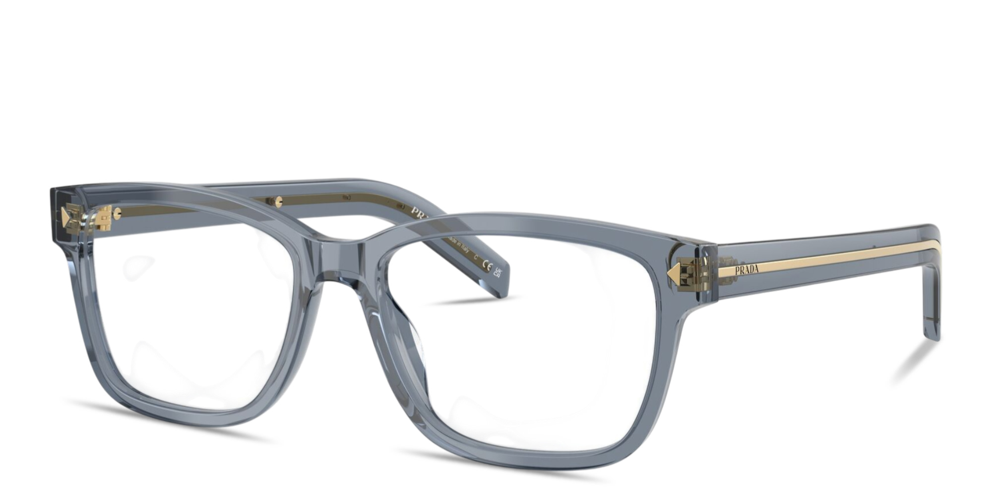 Shop PRADA Engraved Logo Wide Rectangle Eyeglasses in Transparent Ocean online.