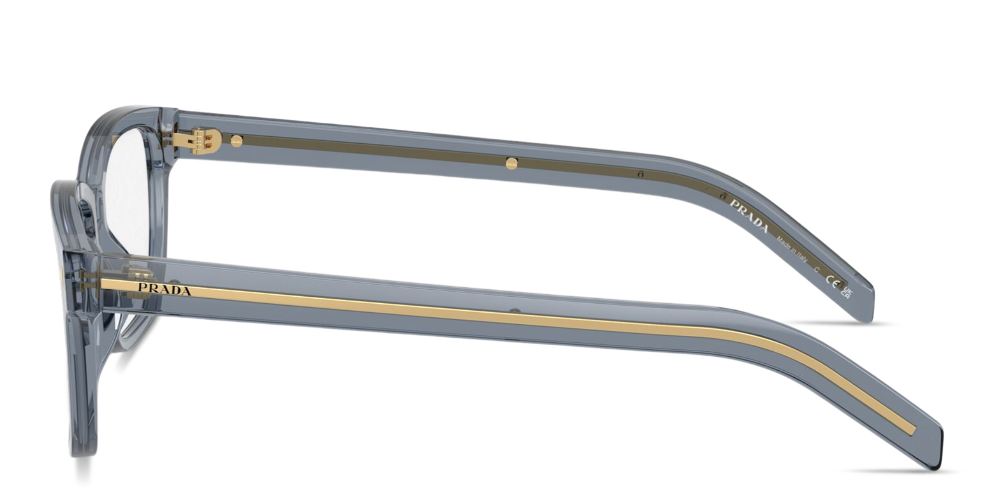 Shop PRADA Engraved Logo Wide Rectangle Eyeglasses in Transparent Ocean online.