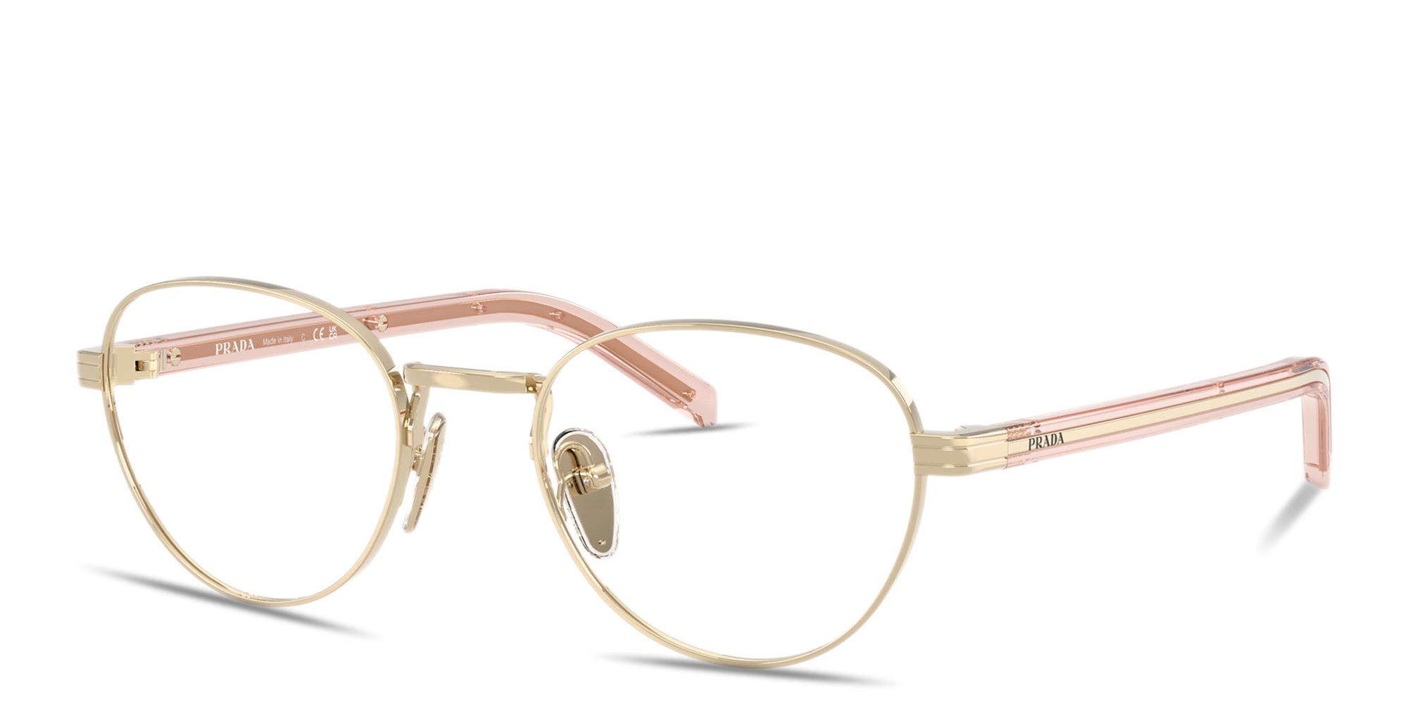 Shop PRADA Logo Print Panthos Eyeglasses in Pale Gold online.