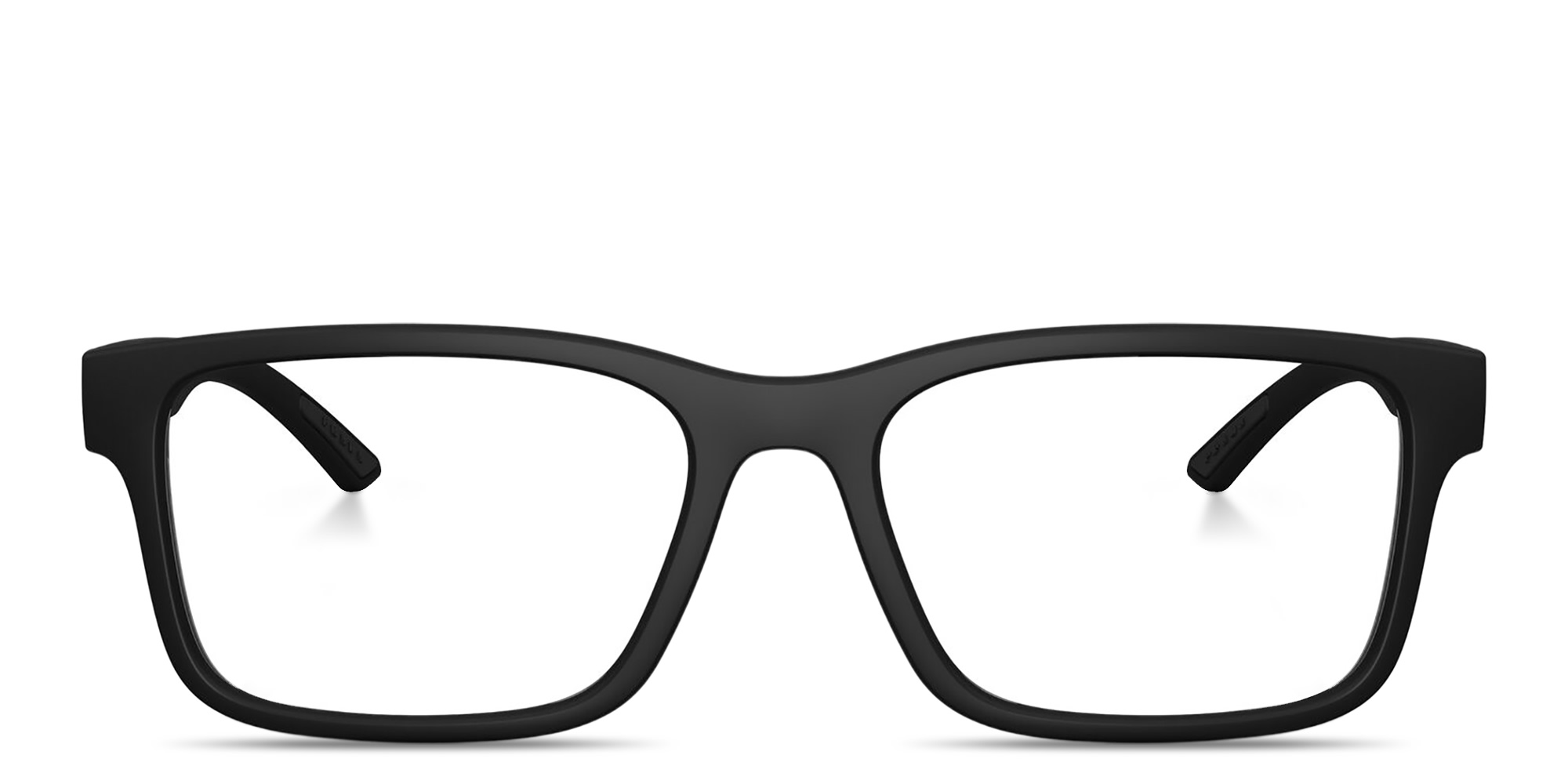 Shop Prada Linea Rossa Logo Lettering Rectangle Eyeglasses in Black Rubber online.