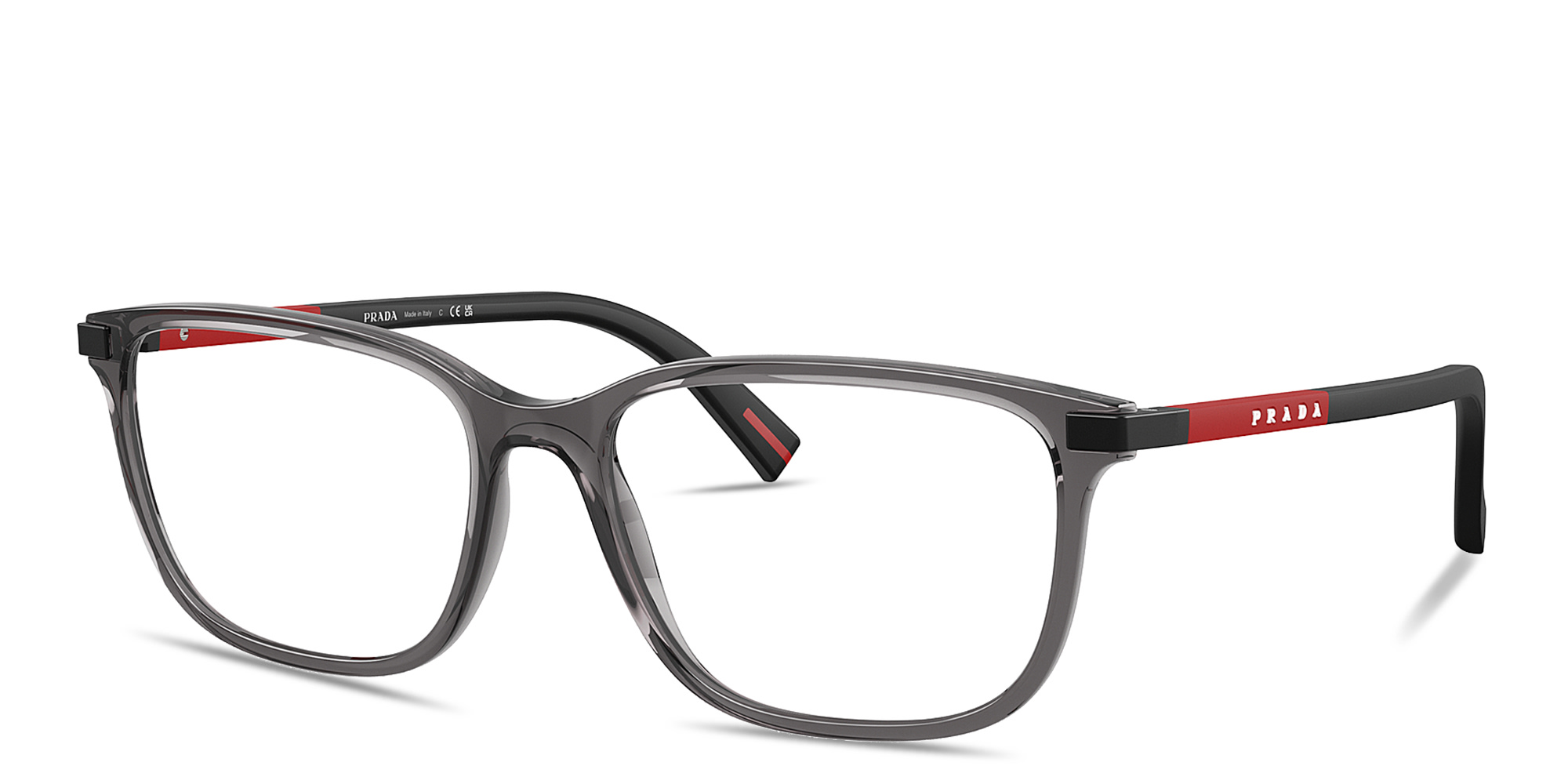 Shop Prada Linea Rossa Logo Signature Wide Pillow Eyeglasses in Transparent Anthracite online.
