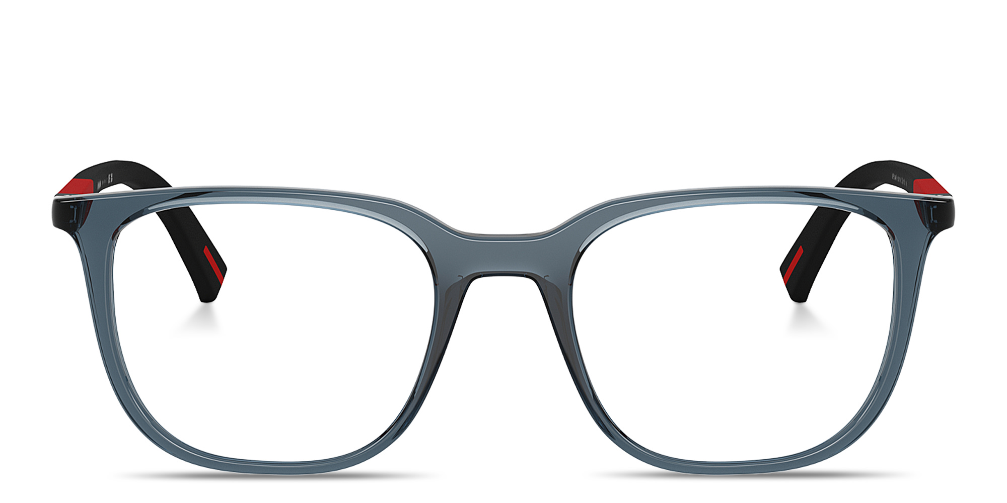 Shop Prada Linea Rossa Logo Signature Pillow Eyeglasses in Transparent Blue online.