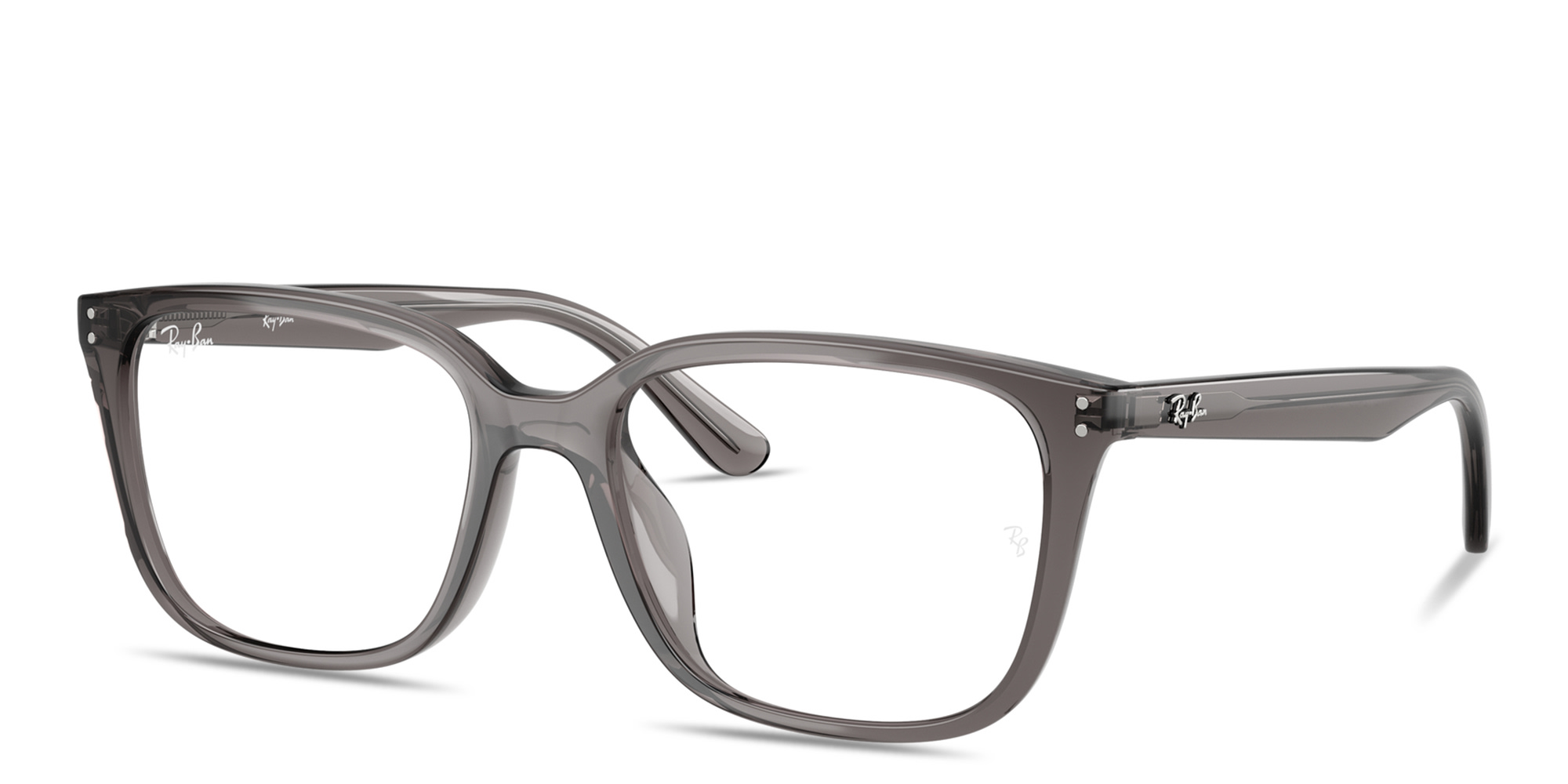 Shop Ray-Ban Embossed Logo Unisex Wide Square Eyeglasses in Transparent Opal Grey online.