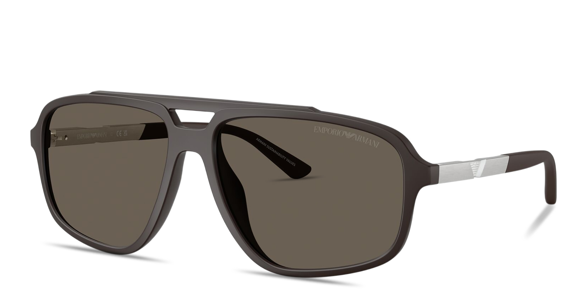 Shop Emporio Armani Eagle Logo Pilot Sunglasses in Dark Brown online.