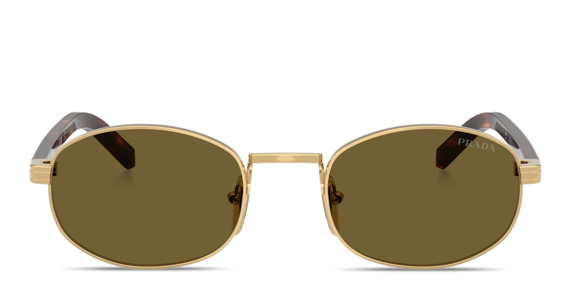 Shop PRADA Logo Signature Oval Sunglasses in Gold online.