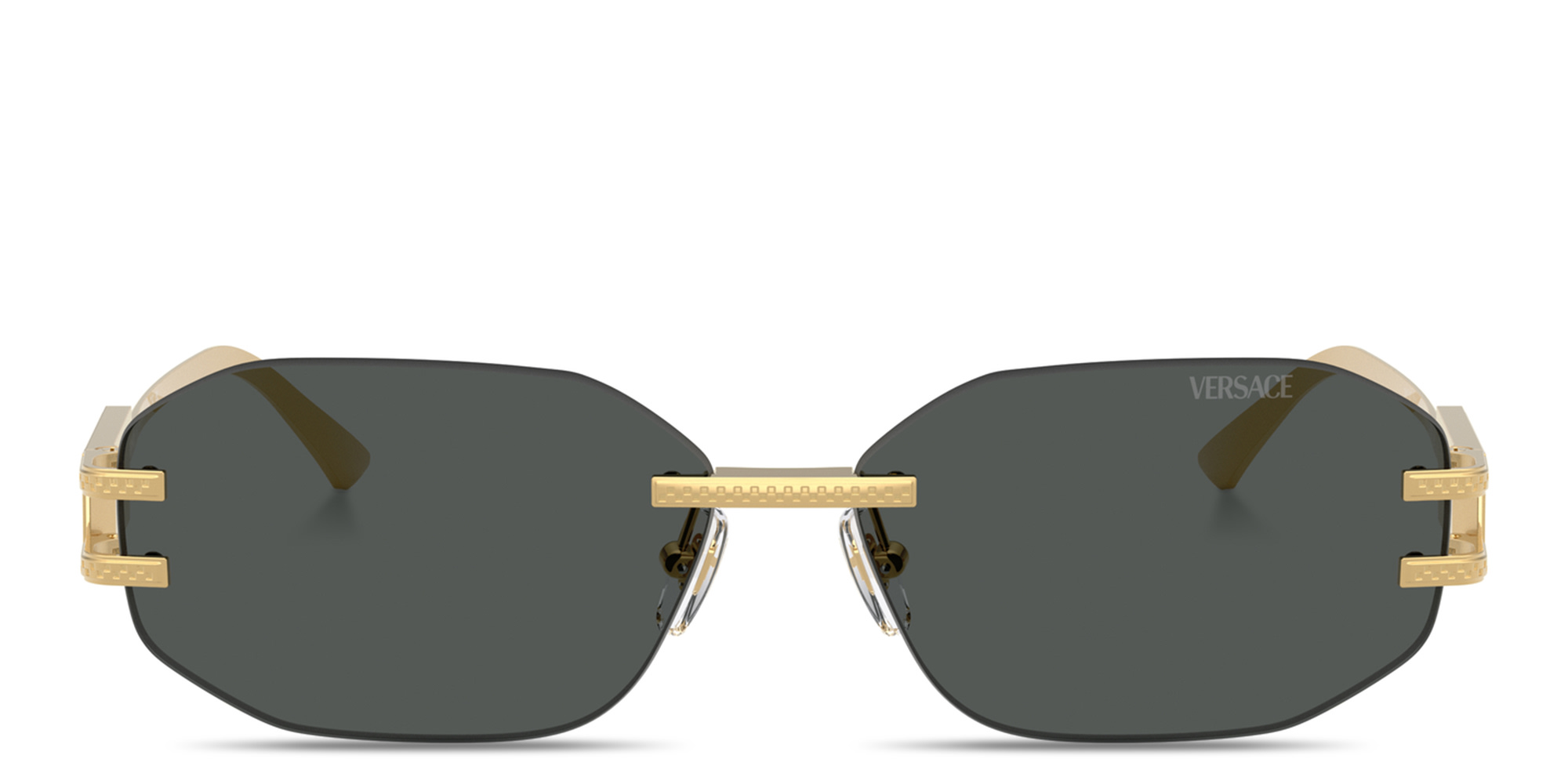 VERSACE Damier Plaque Rimless Irregular Sunglasses in Gold – Product Photo 1