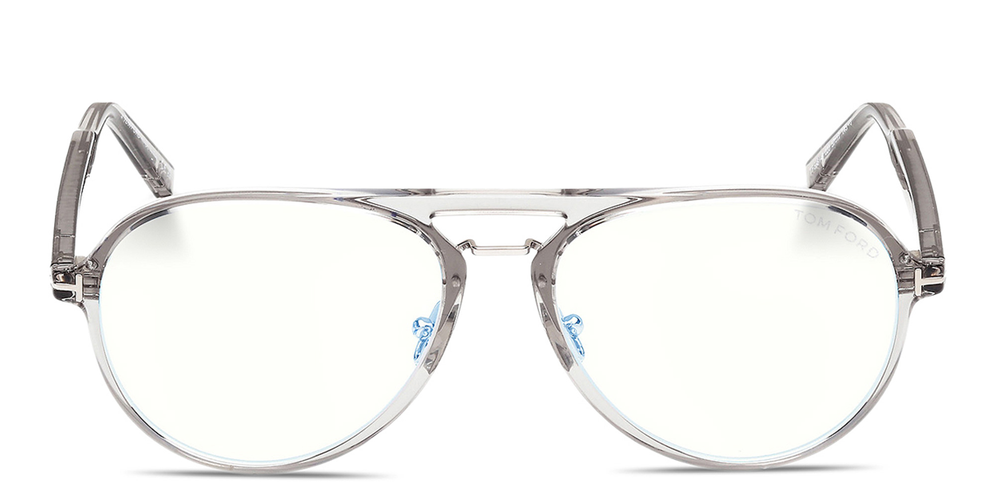 Shop TOM FORD T Logo Wide Pilot Eyeglasses in Transparent Grey online.