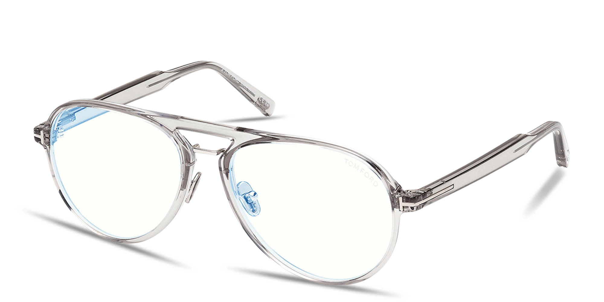 Shop TOM FORD T Logo Wide Pilot Eyeglasses in Transparent Grey online.