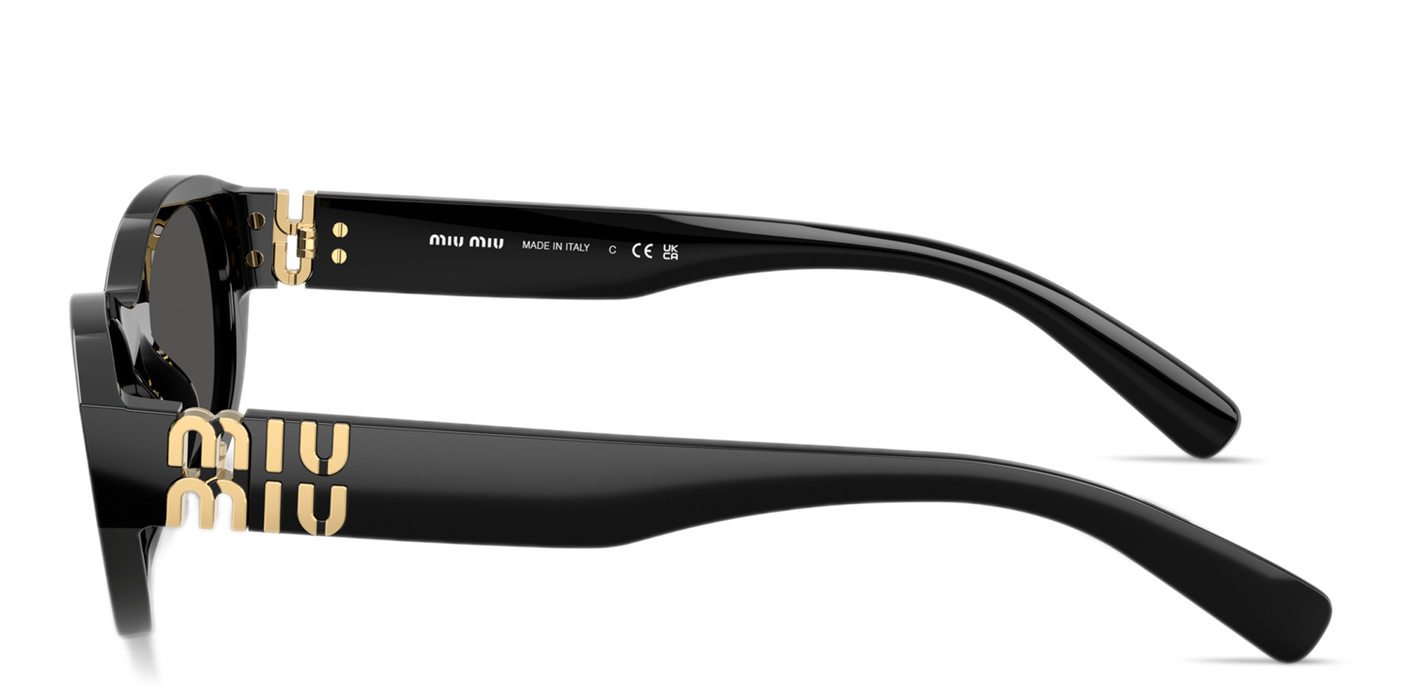 Shop MIU MIU Vertical Logo Irregular Sunglasses in Black online.