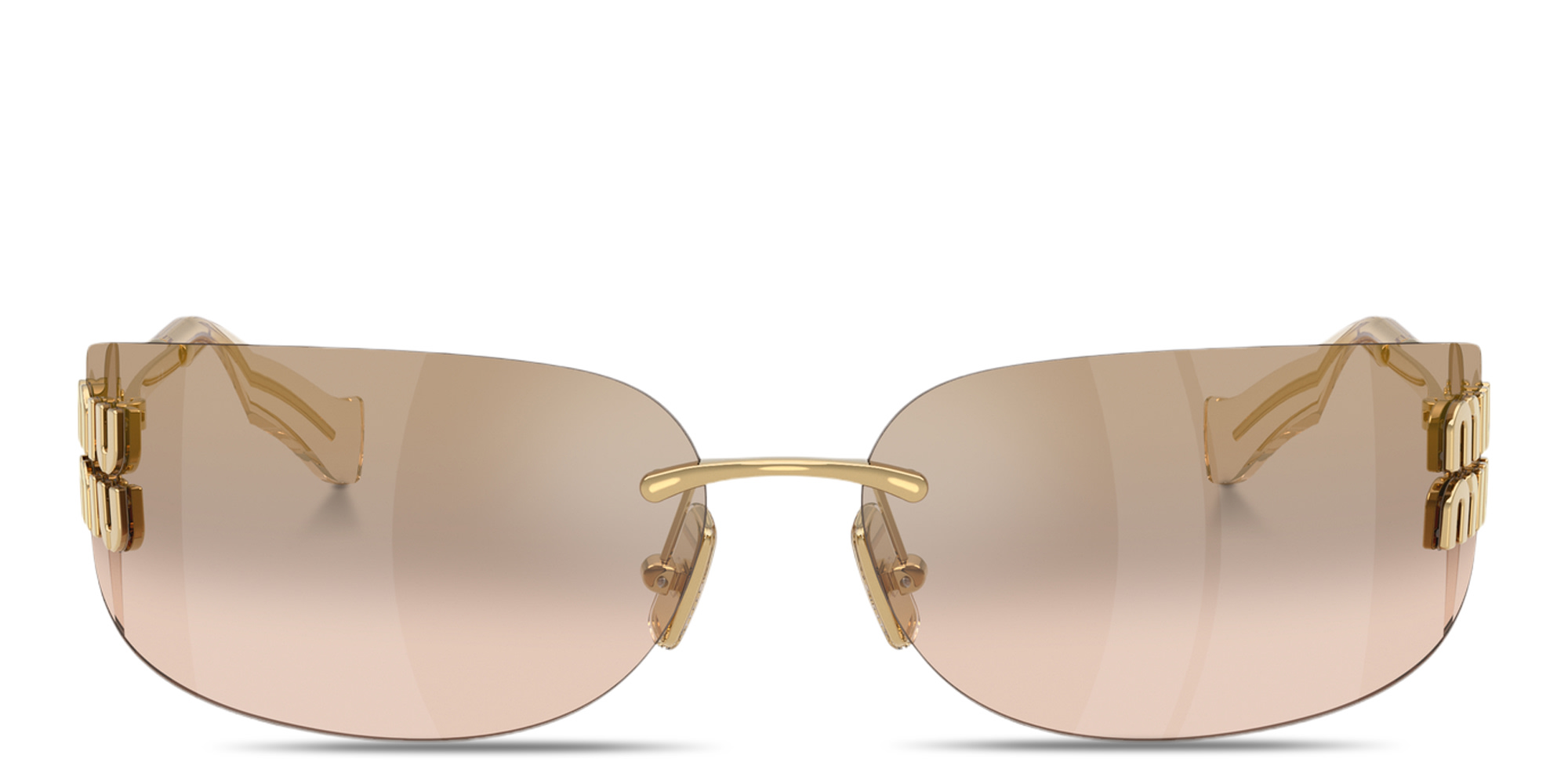 Shop MIU MIU Vertical Logo Rimless Wide Mask Sunglasses in Gold online.