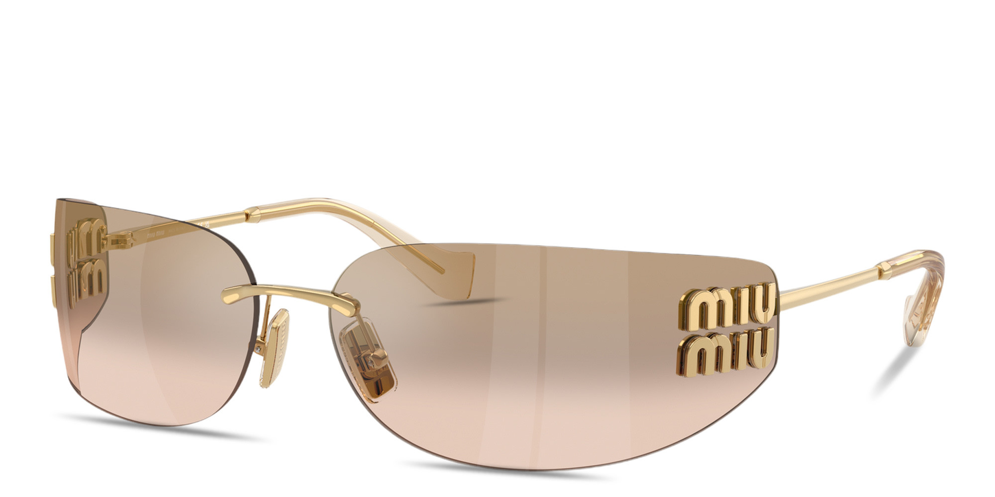 Shop MIU MIU Vertical Logo Rimless Wide Mask Sunglasses in Gold online.