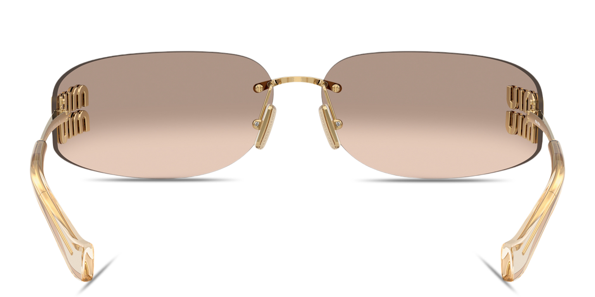 Shop MIU MIU Vertical Logo Rimless Wide Mask Sunglasses in Gold online.