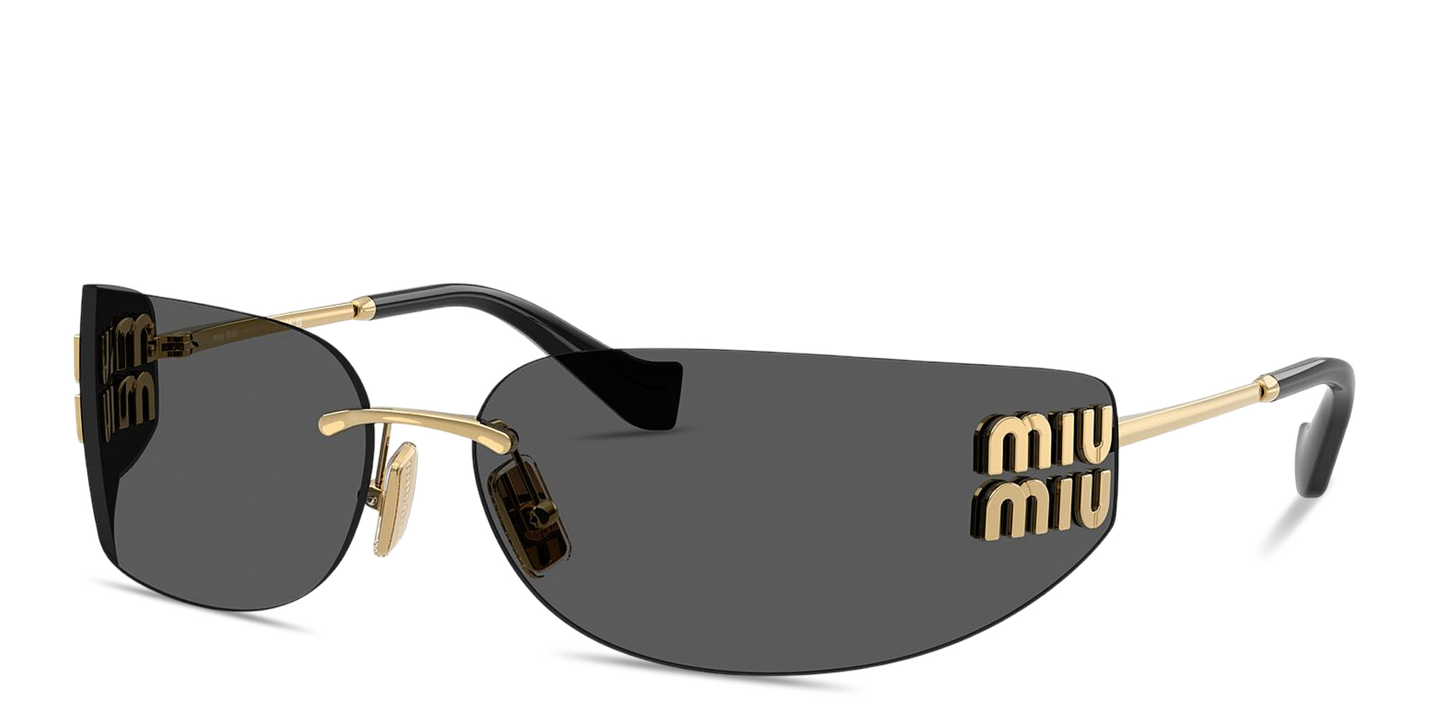 Shop MIU MIU Vertical Logo Rimless Wide Mask Sunglasses in Gold online.