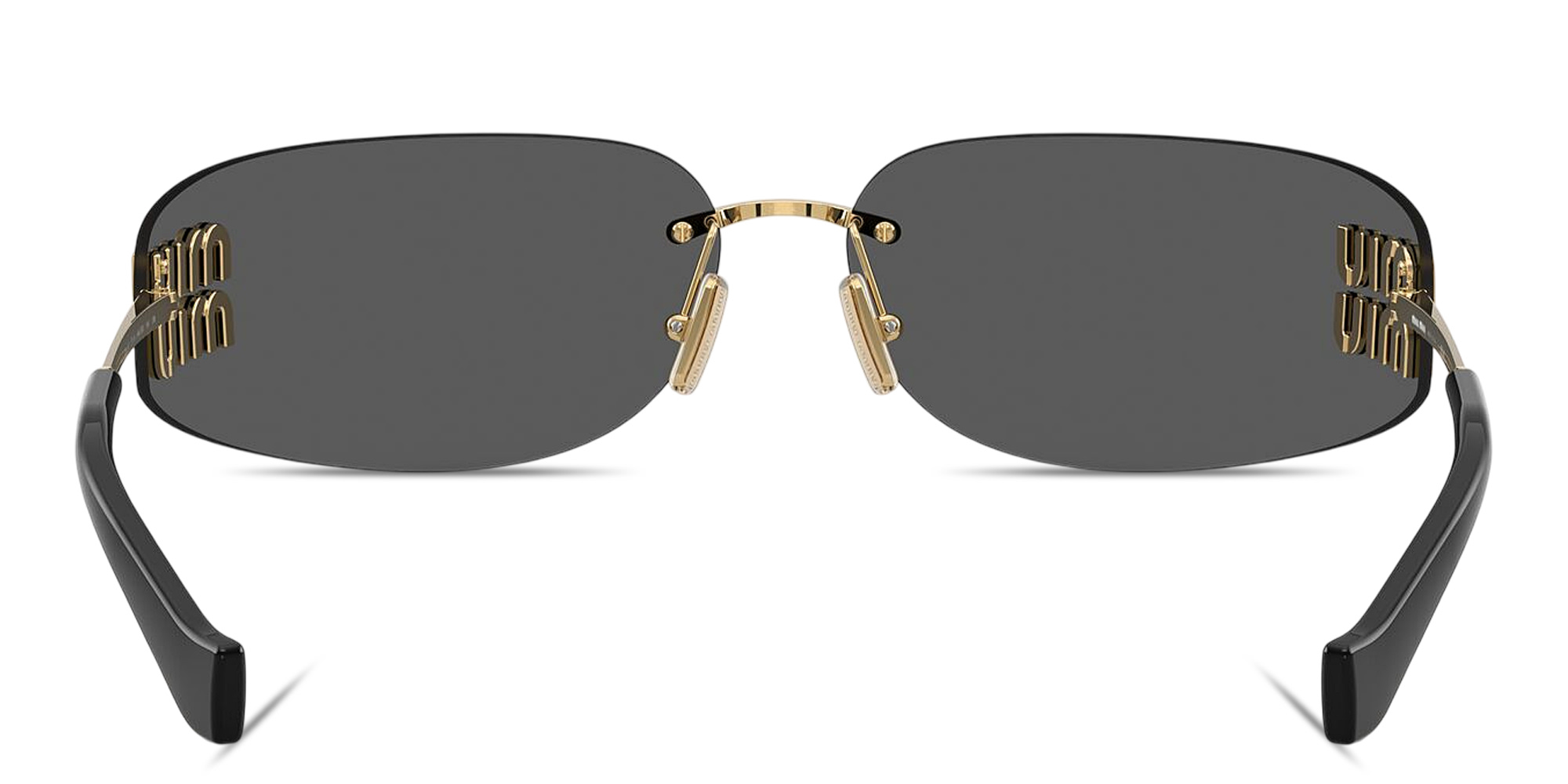 Shop MIU MIU Vertical Logo Rimless Wide Mask Sunglasses in Gold online.