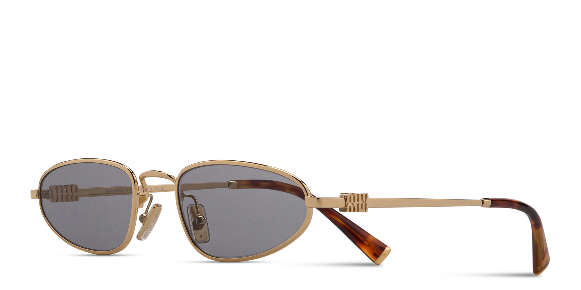 Shop MIU MIU Vertical Logo Irregular Sunglasses in Gold online.