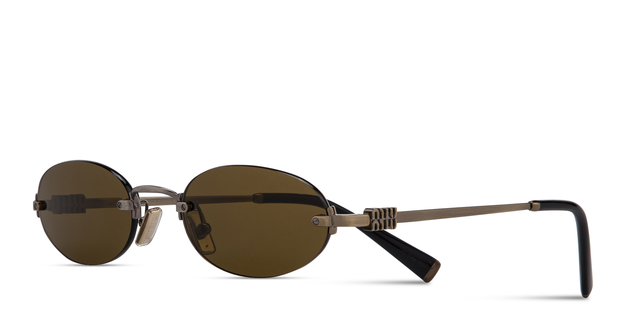 Shop MIU MIU Vertical Logo Rimless Oval Sunglasses in Gold online.
