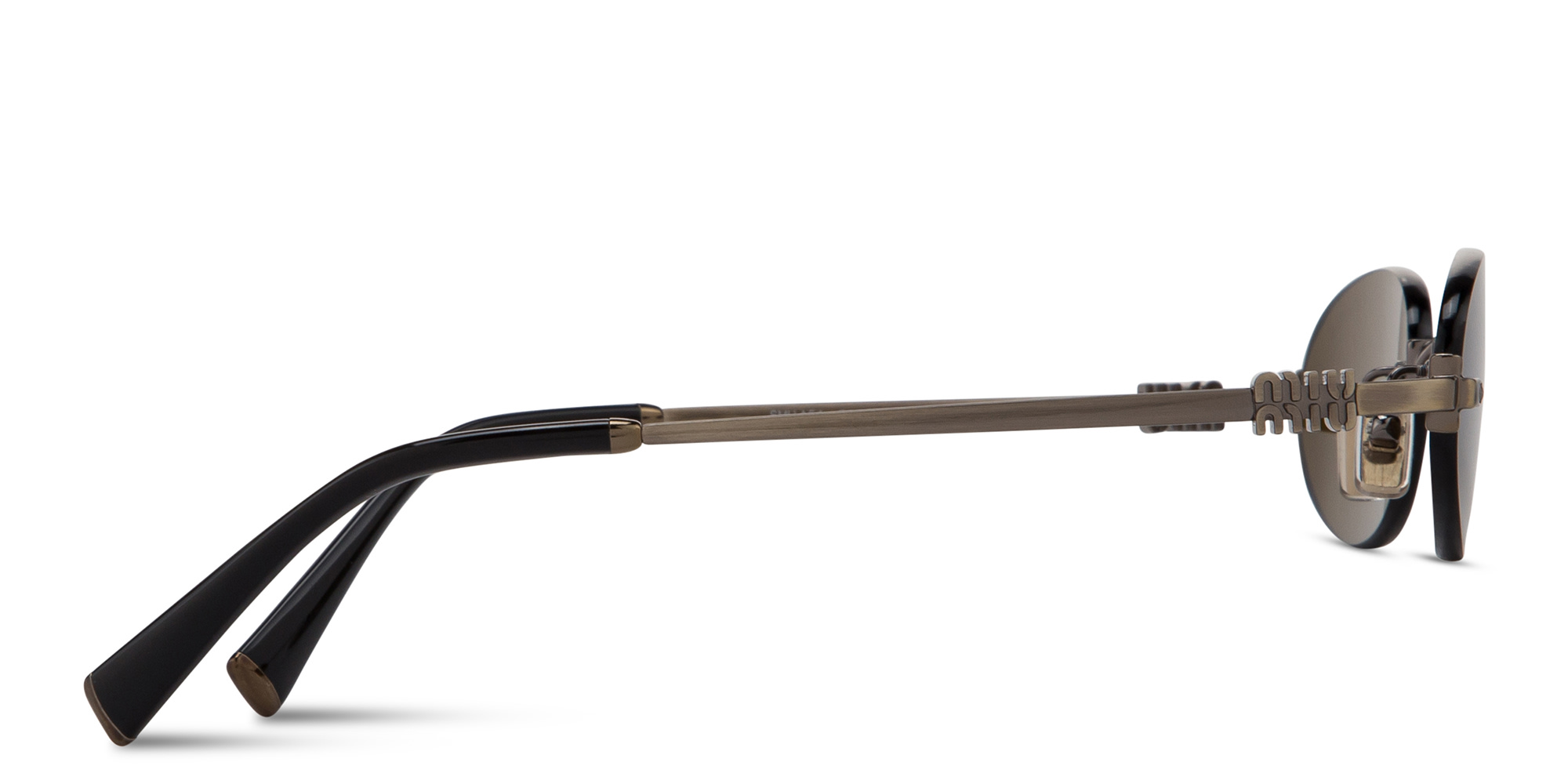 Shop MIU MIU Vertical Logo Rimless Oval Sunglasses in Gold online.