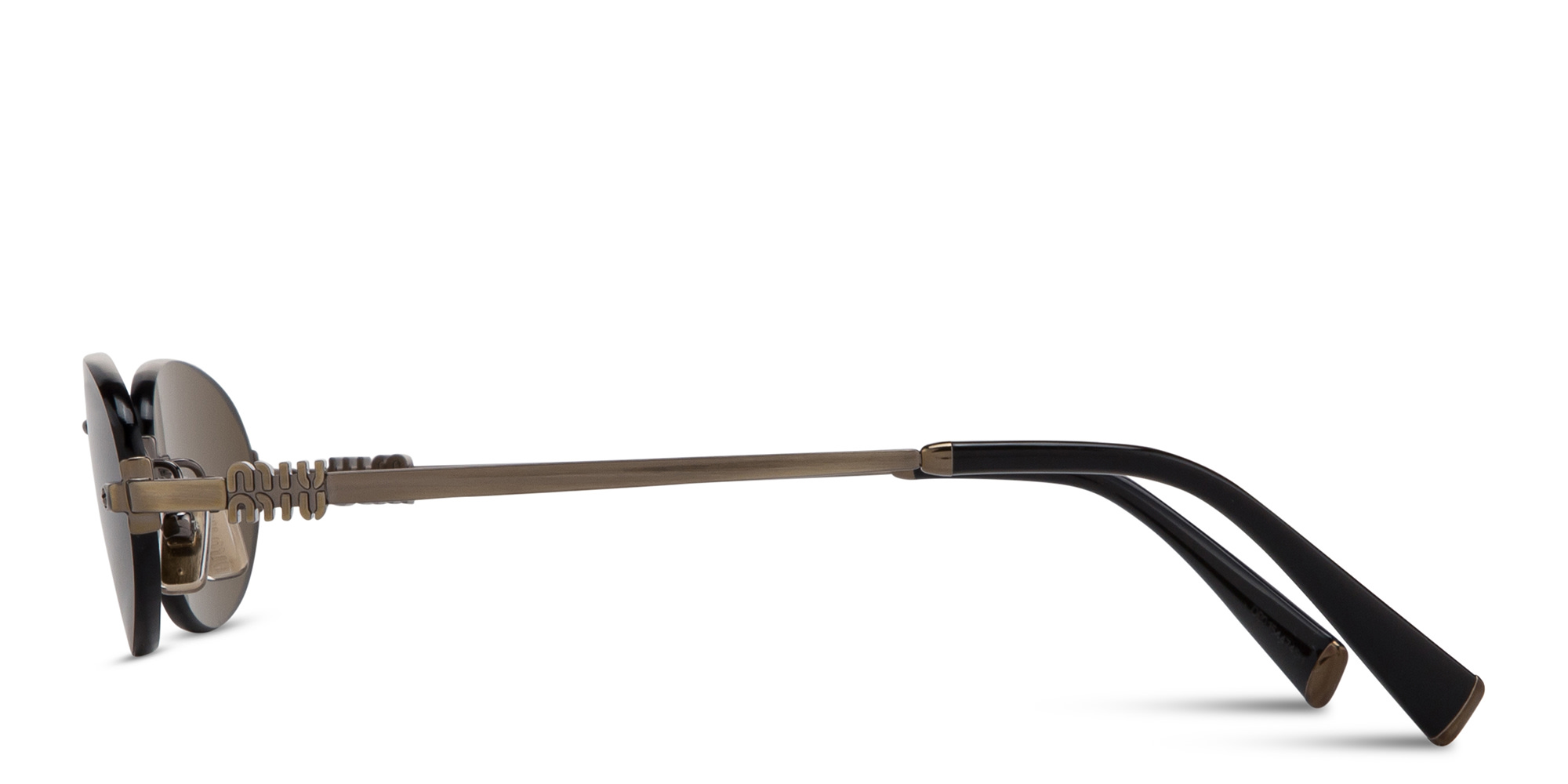 Shop MIU MIU Vertical Logo Rimless Oval Sunglasses in Gold online.