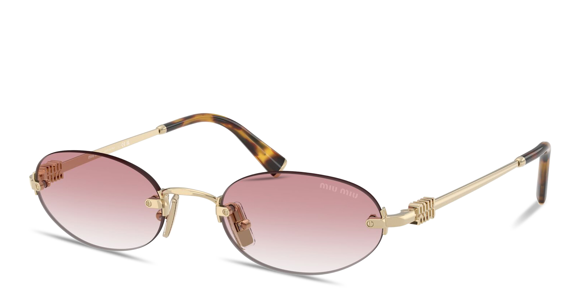 Shop MIU MIU Vertical Logo Rimless Oval Sunglasses in Gold online.