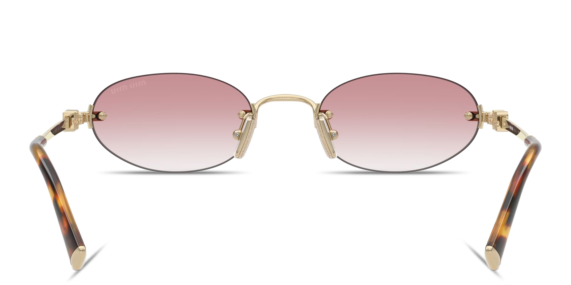 Shop MIU MIU Vertical Logo Rimless Oval Sunglasses in Gold online.