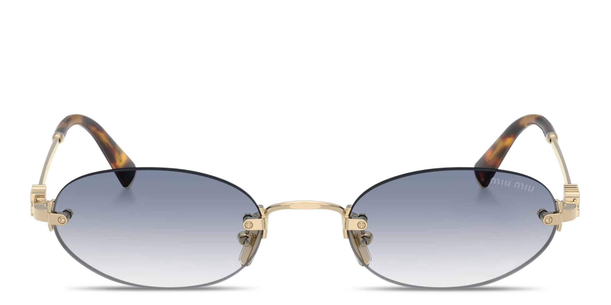 Shop MIU MIU Vertical Logo Rimless Oval Sunglasses in Gold online.