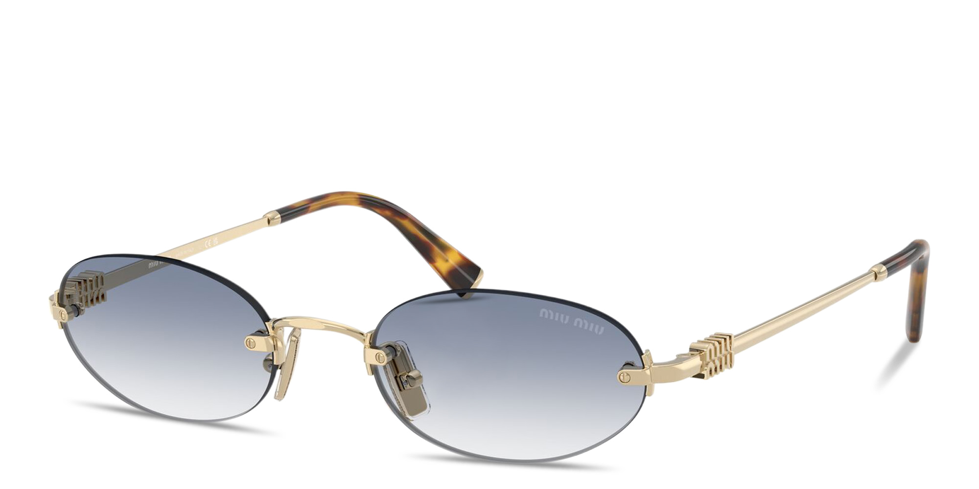 Shop MIU MIU Vertical Logo Rimless Oval Sunglasses in Gold online.