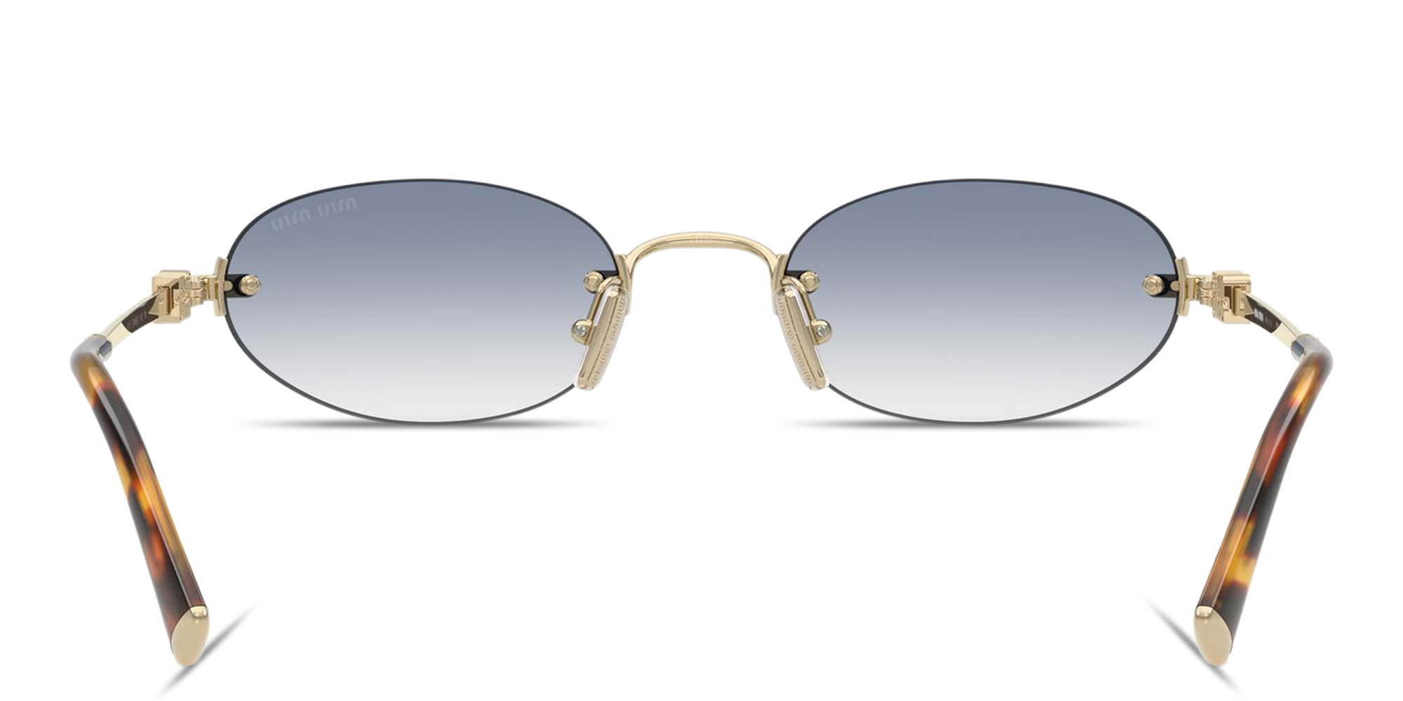 Shop MIU MIU Vertical Logo Rimless Oval Sunglasses in Gold online.