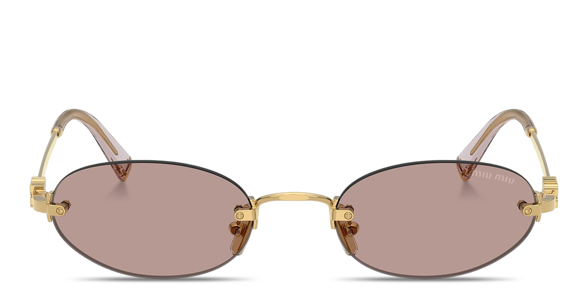 Shop MIU MIU Vertical Logo Rimless Oval Sunglasses in Gold online.