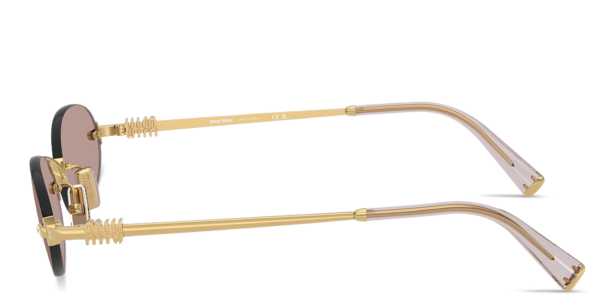 Shop MIU MIU Vertical Logo Rimless Oval Sunglasses in Gold online.