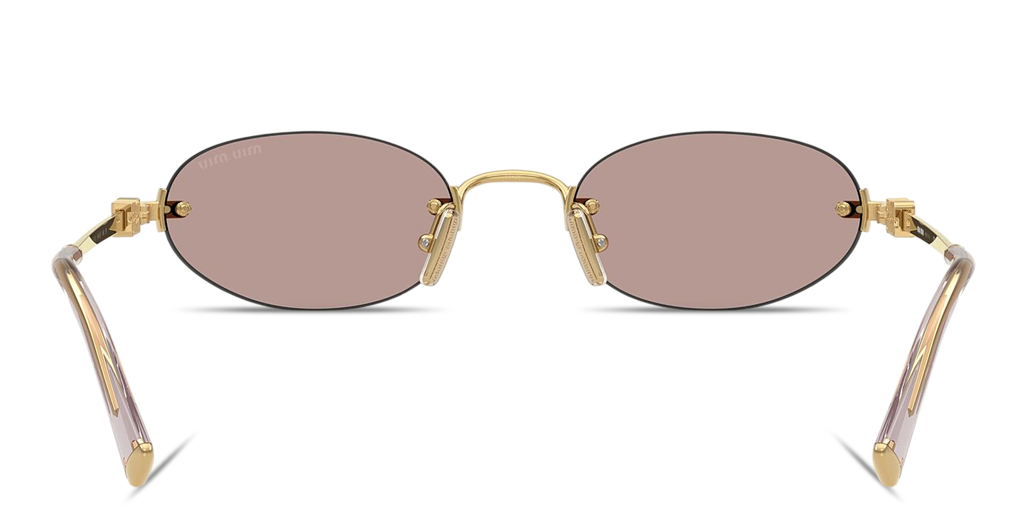 Shop MIU MIU Vertical Logo Rimless Oval Sunglasses in Gold online.