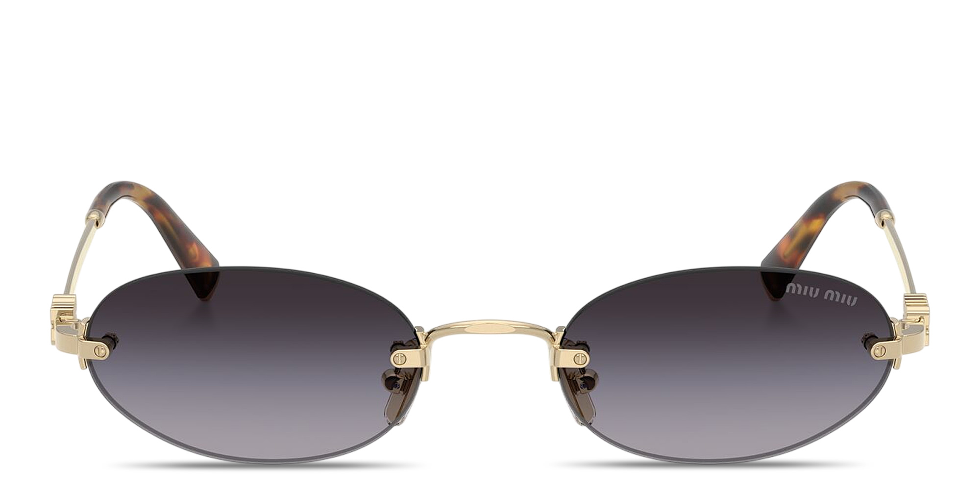Shop MIU MIU Vertical Logo Rimless Oval Sunglasses in Pale Gold online.
