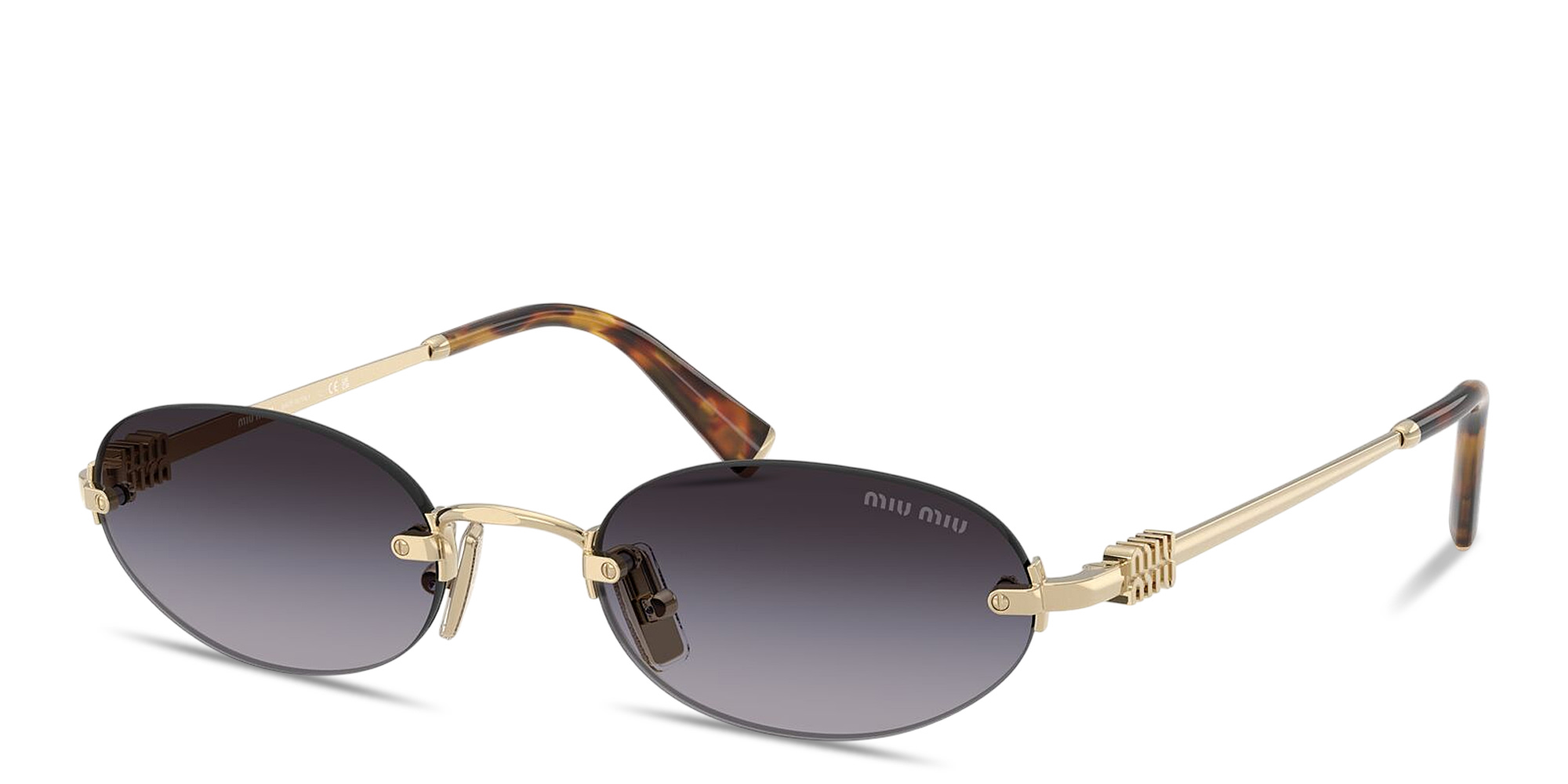 Shop MIU MIU Vertical Logo Rimless Oval Sunglasses in Pale Gold online.