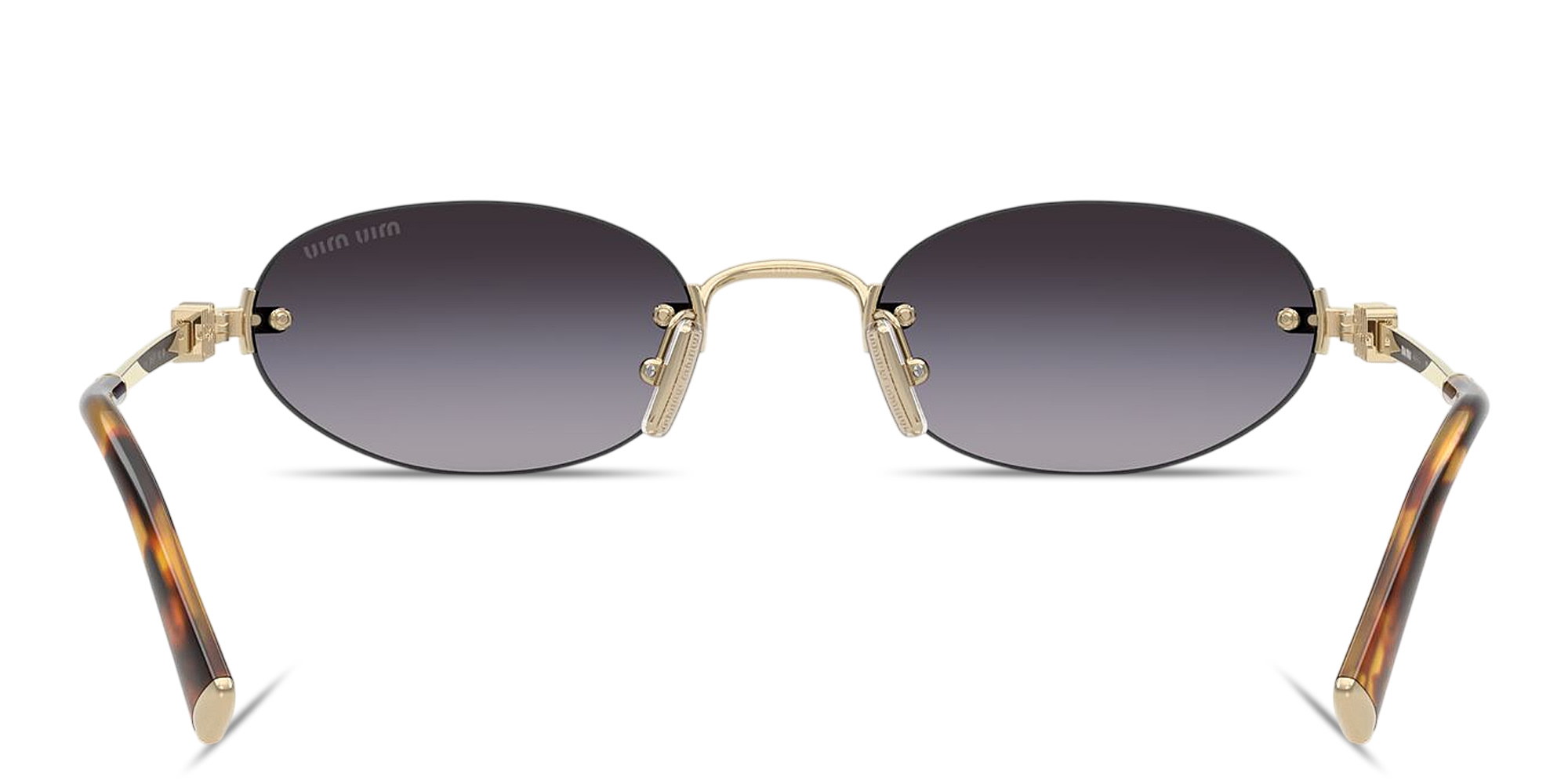 Shop MIU MIU Vertical Logo Rimless Oval Sunglasses in Pale Gold online.