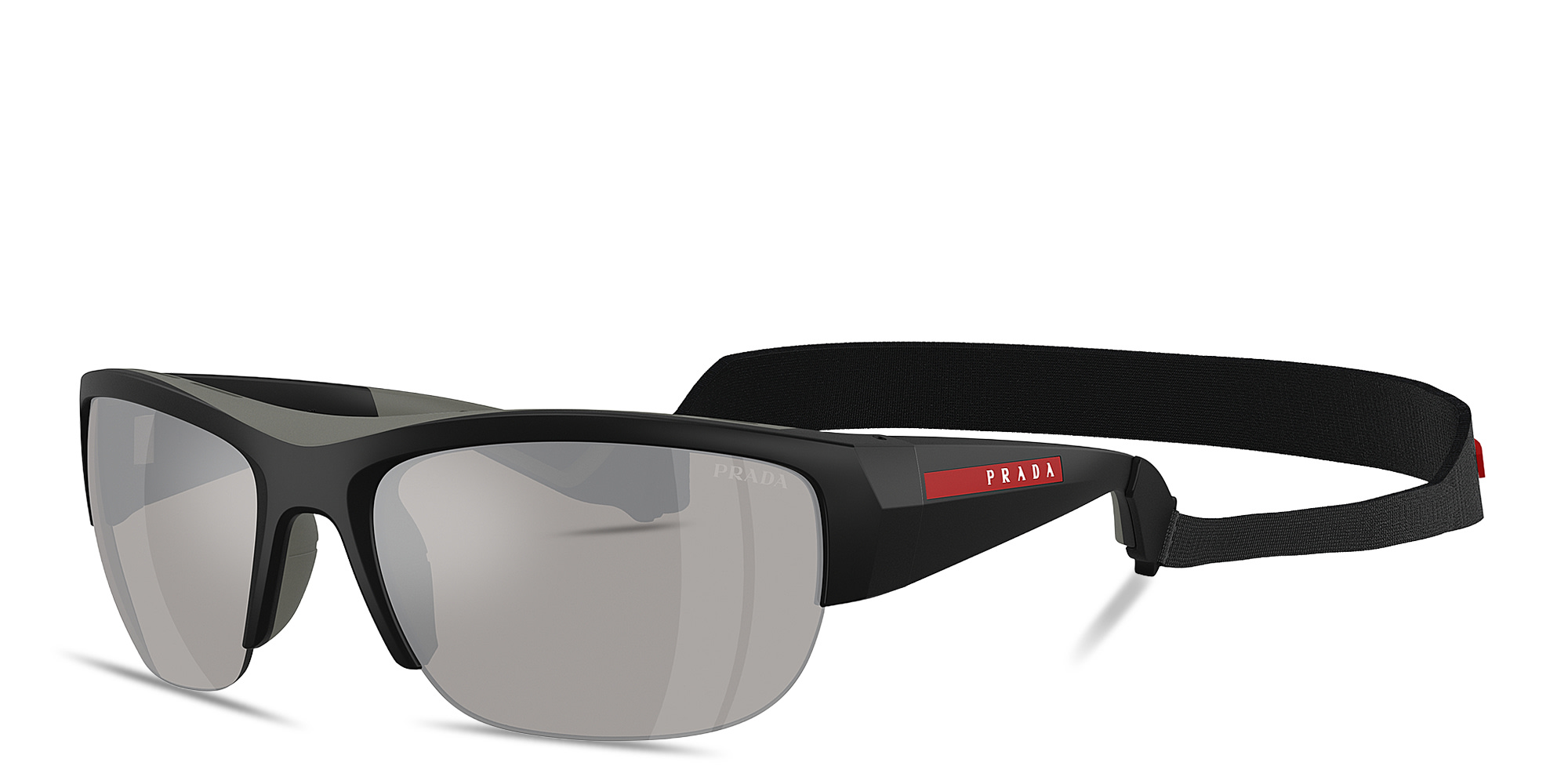 Shop Prada Linea Rossa Logo Signature Half-Rim Wide Pillow Sunglasses in Nero Opaco online.