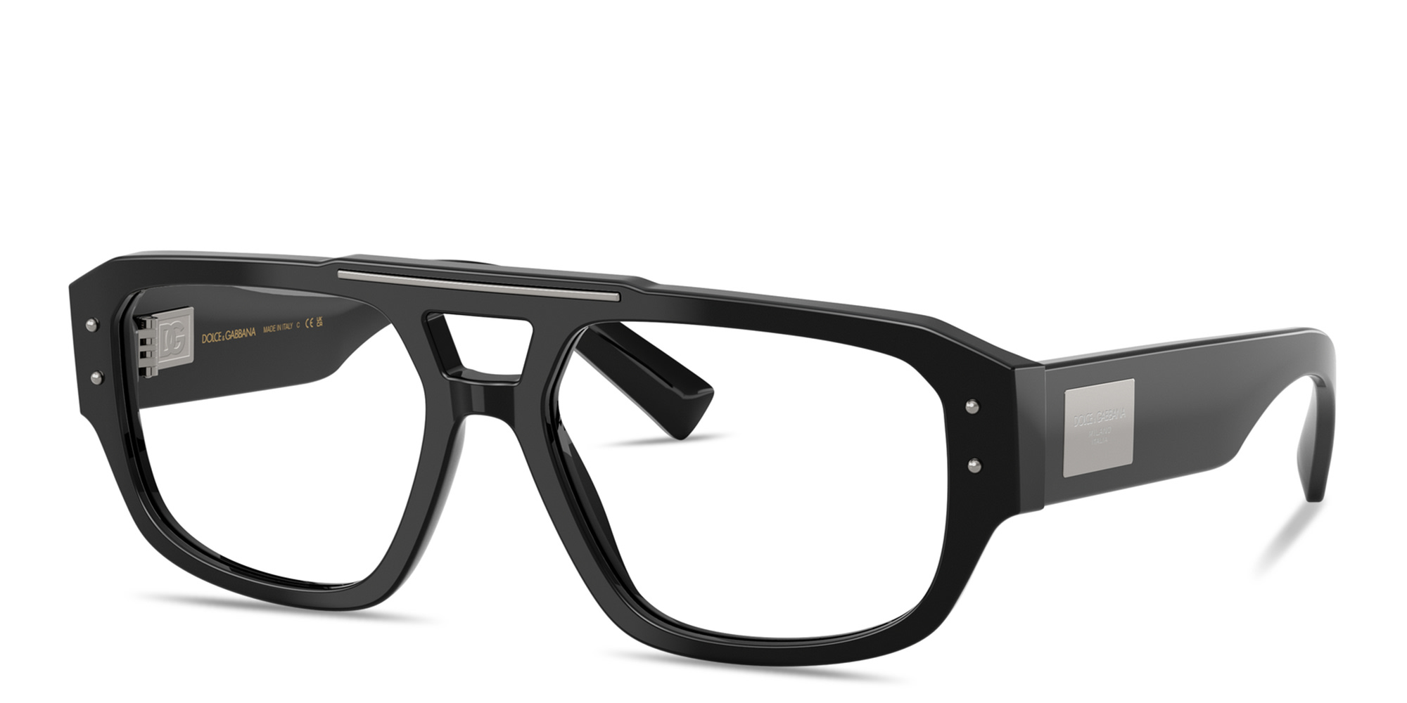 Shop Dolce & Gabbana Engraved Logo Wide Pilot Eyeglasses in Black online.