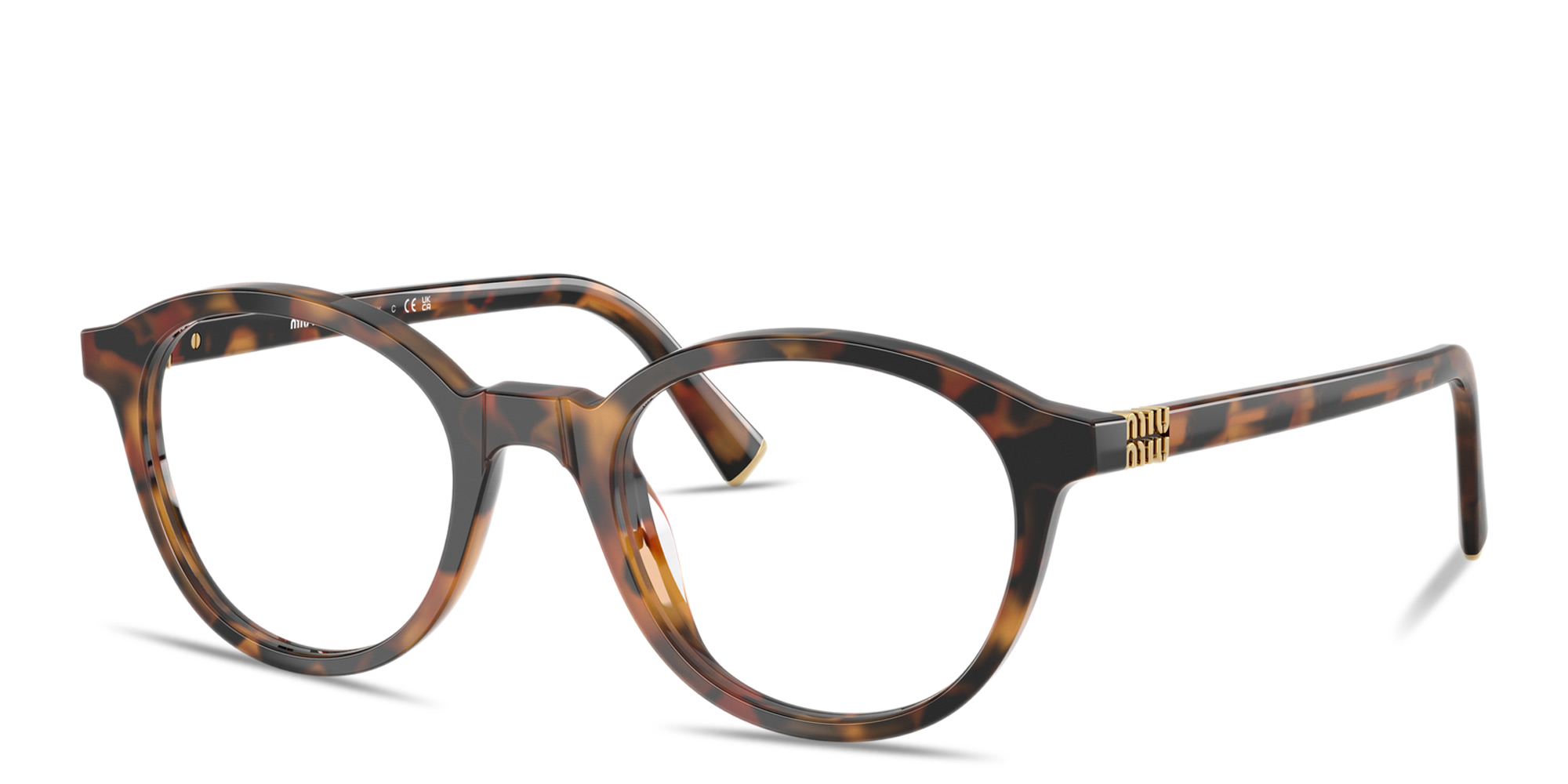 Shop MIU MIU Vertical Logo Panthos Eyeglasses in Havana Ivy online.