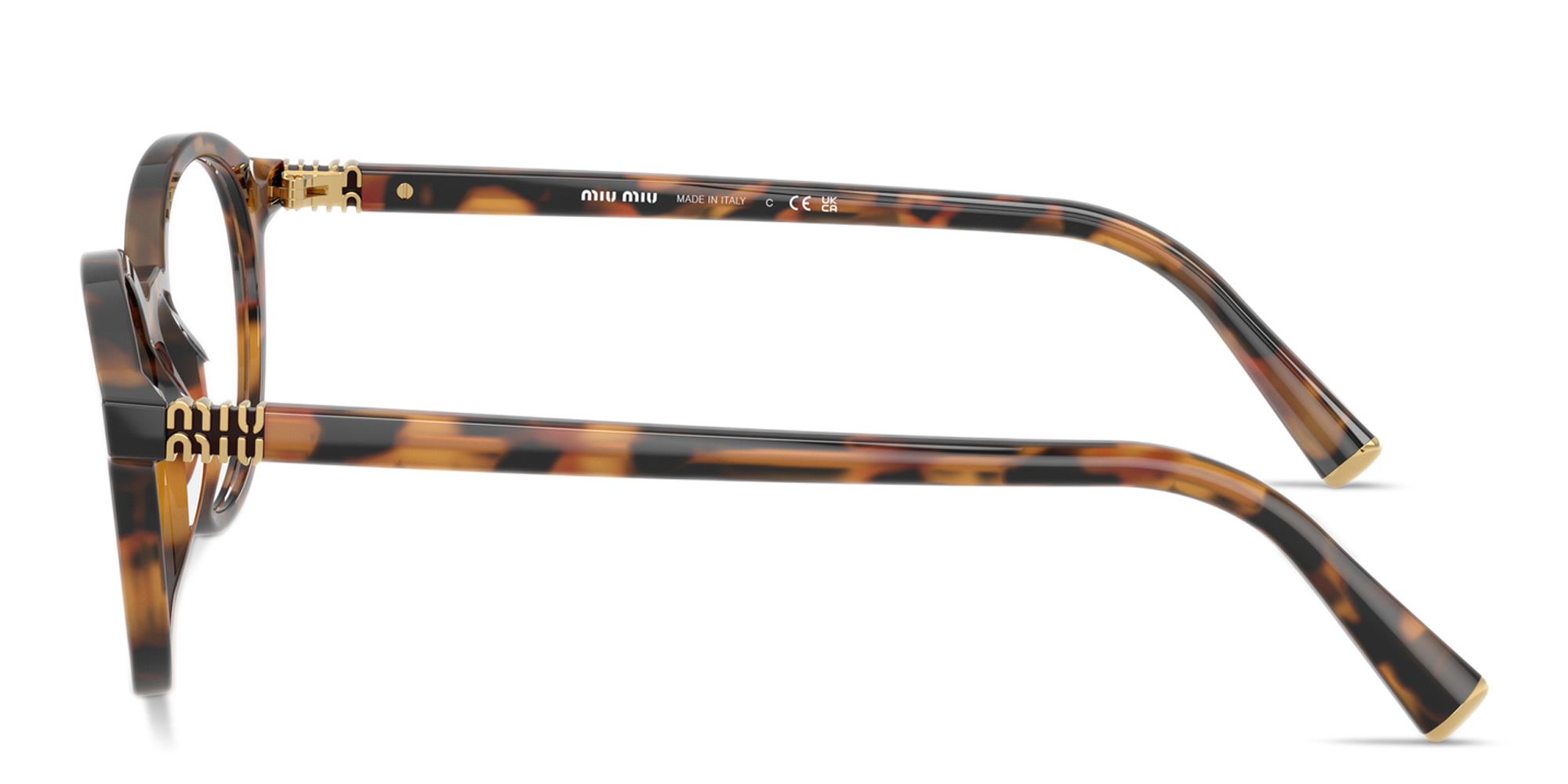 Shop MIU MIU Vertical Logo Panthos Eyeglasses in Havana Ivy online.