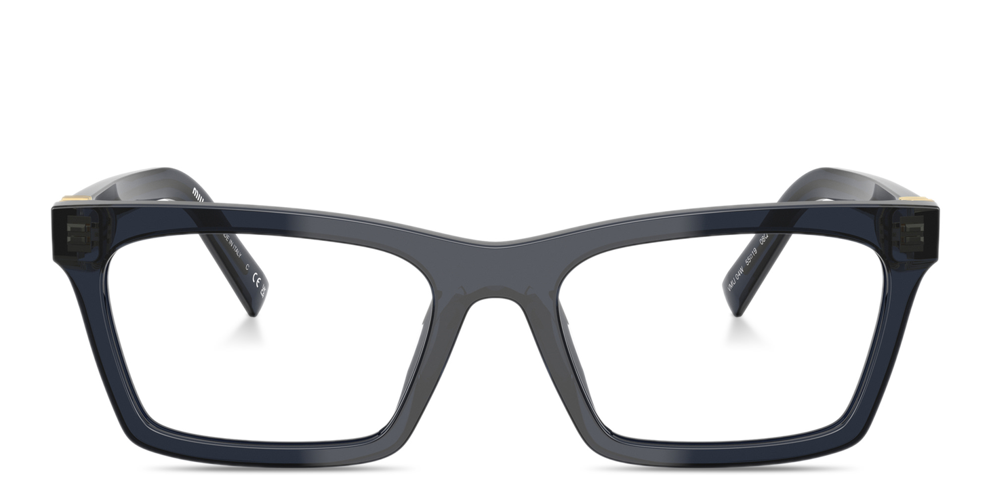 Shop MIU MIU Vertical Logo Wide Rectangle Eyeglasses in Blue Transparent online.