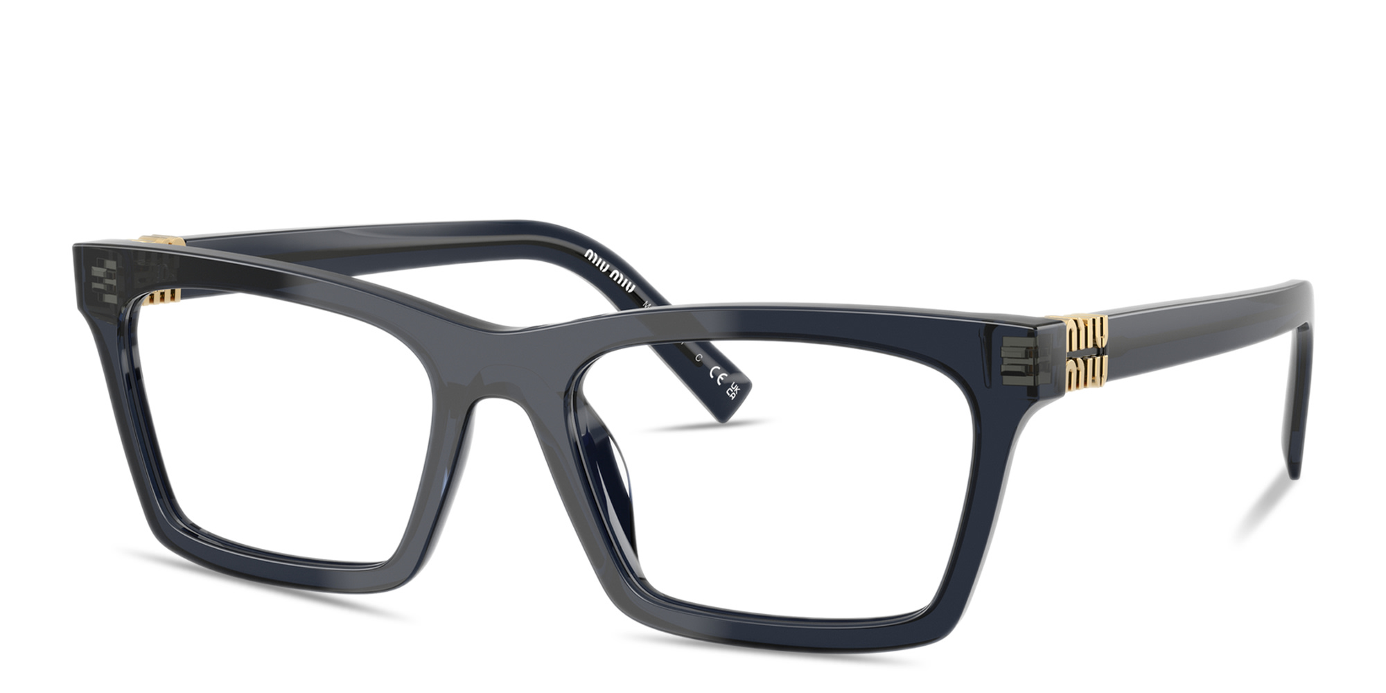 Shop MIU MIU Vertical Logo Wide Rectangle Eyeglasses in Blue Transparent online.