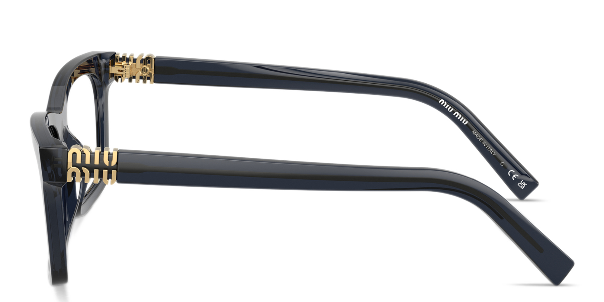 Shop MIU MIU Vertical Logo Wide Rectangle Eyeglasses in Blue Transparent online.