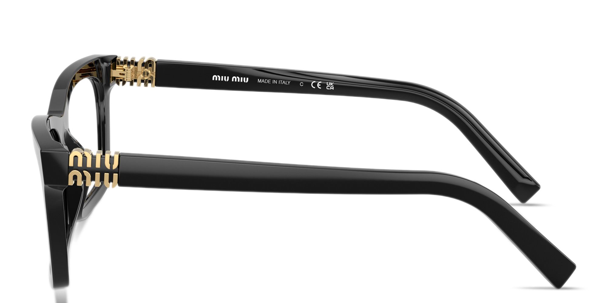 Shop MIU MIU Vertical Logo Wide Rectangle Eyeglasses in Black online.