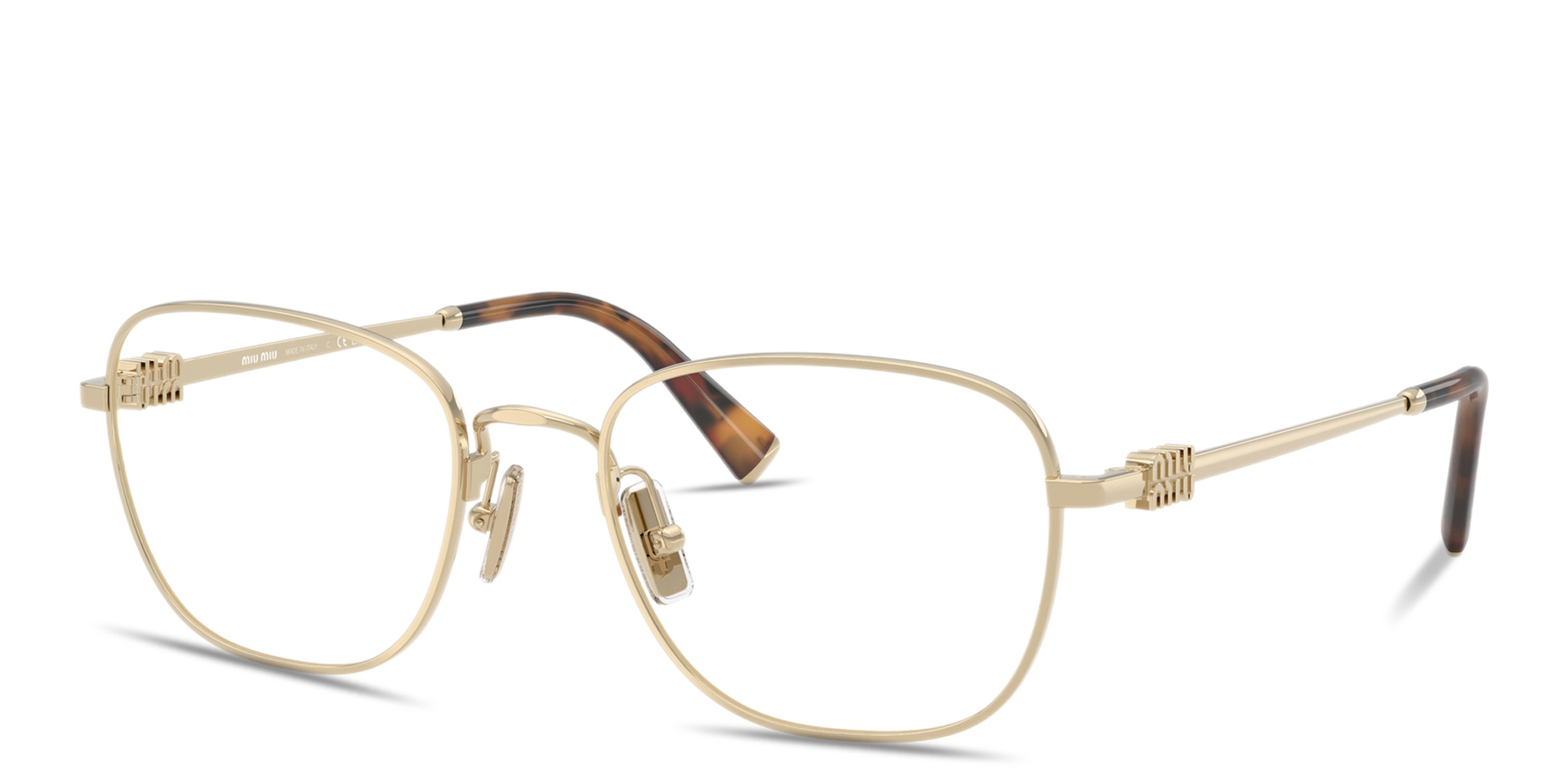 Shop MIU MIU Vertical Logo Square Eyeglasses in Pale Gold online.