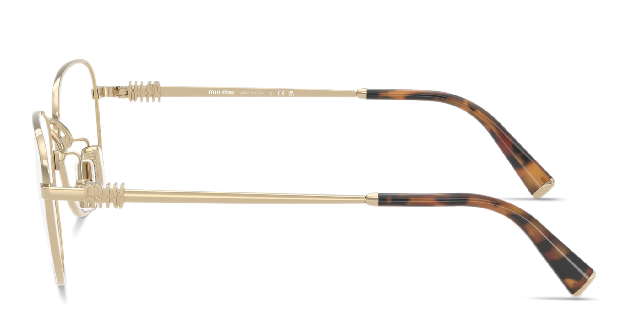 Shop MIU MIU Vertical Logo Square Eyeglasses in Pale Gold online.