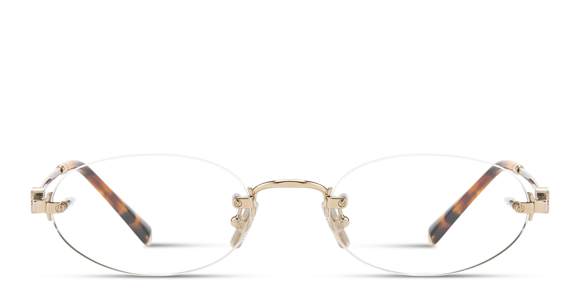 Shop MIU MIU Vertical Logo Rimless Oval Eyeglasses in Pale Gold online.