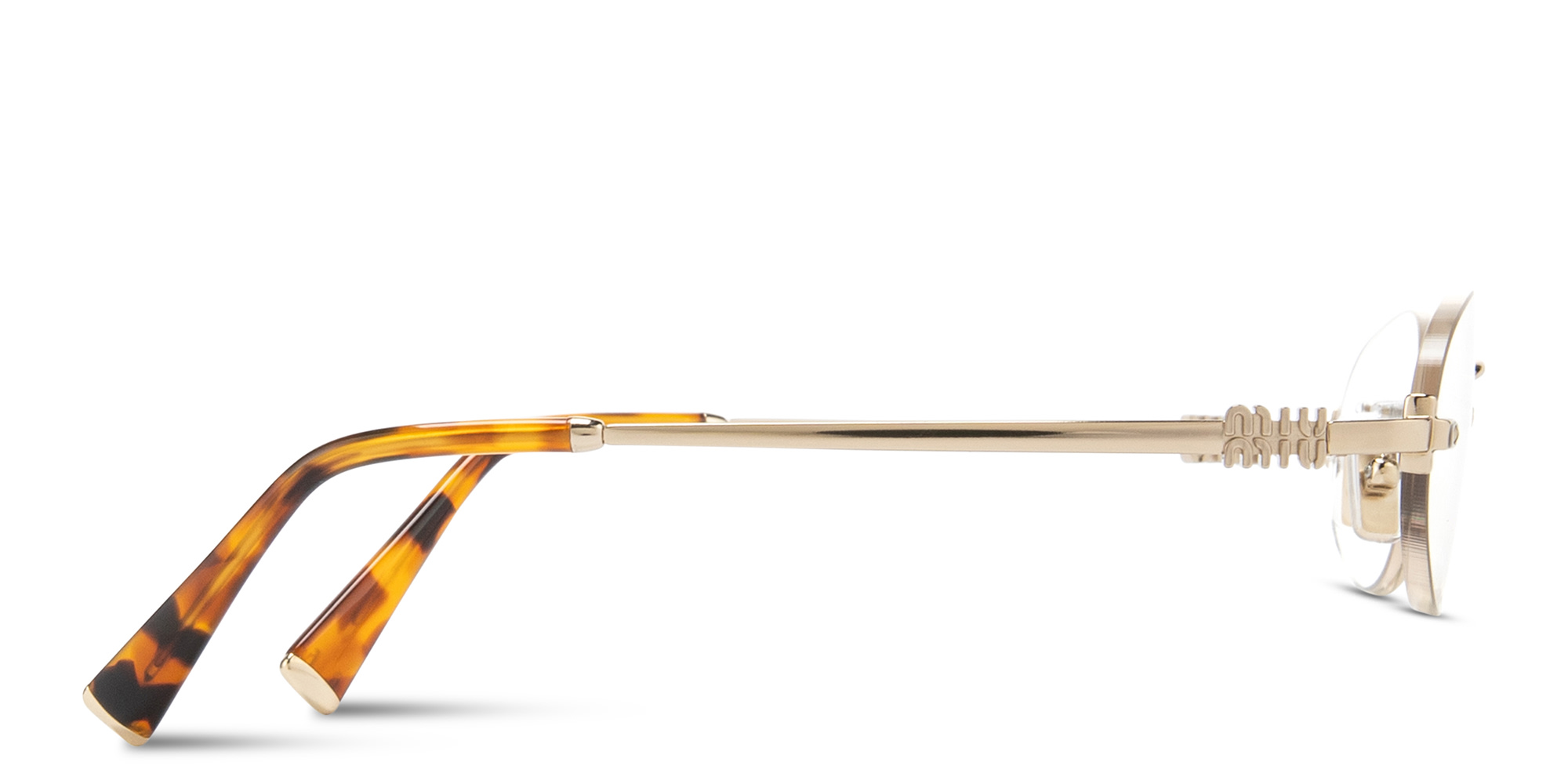 Shop MIU MIU Vertical Logo Rimless Oval Eyeglasses in Pale Gold online.