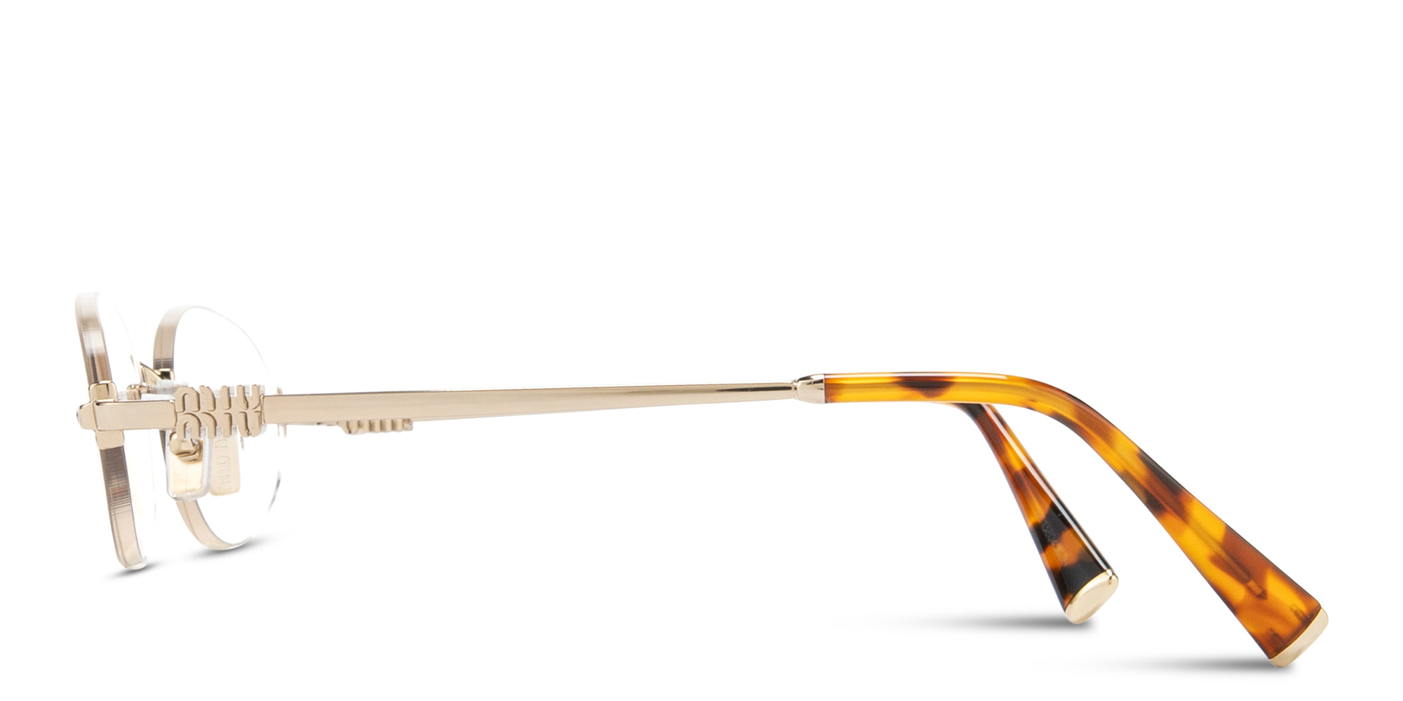 Shop MIU MIU Vertical Logo Rimless Oval Eyeglasses in Pale Gold online.