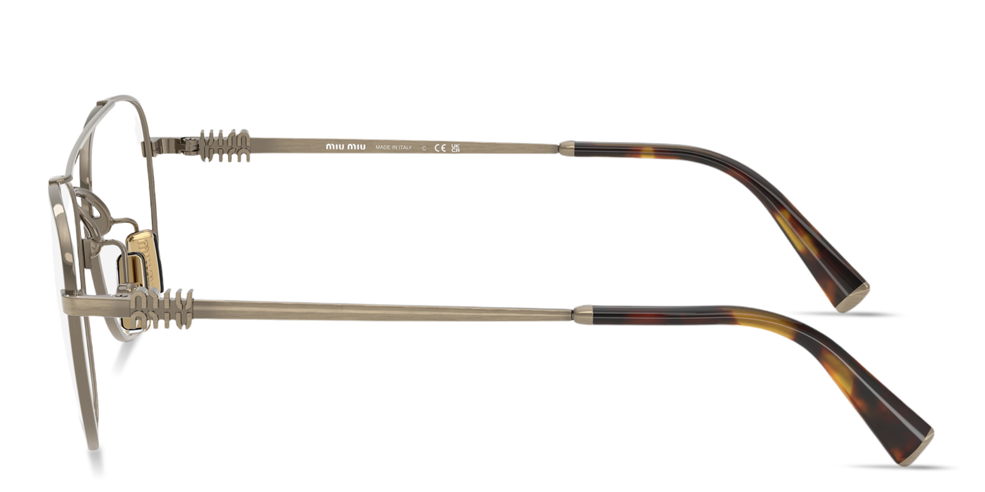 Shop MIU MIU Vertical Logo Square Eyeglasses in Antique Gold online.