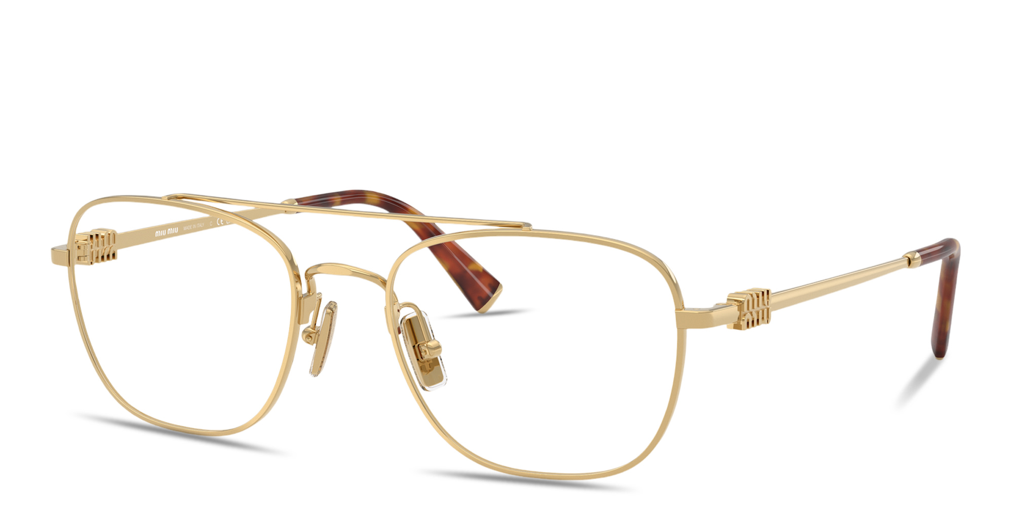 Shop MIU MIU Vertical Logo Square Eyeglasses in Gold online.